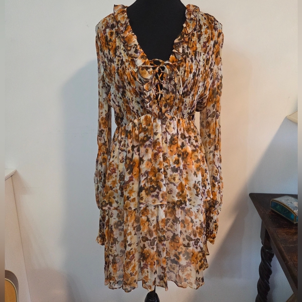 NWT Pinko Floral Mini Dress in Brown and Cream - Picture 4 of 16